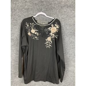 Vintage Lacy After‎ Noon Top 2X Black Lace Embroidered Flowers Gold Pull-over